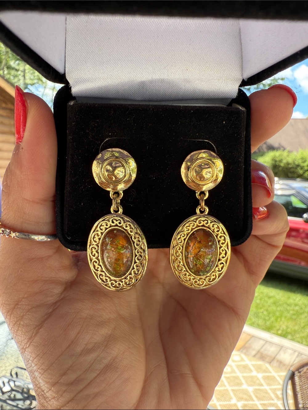 Gold-Tone Oval Drop Earrings with Amber-Flecked Resin